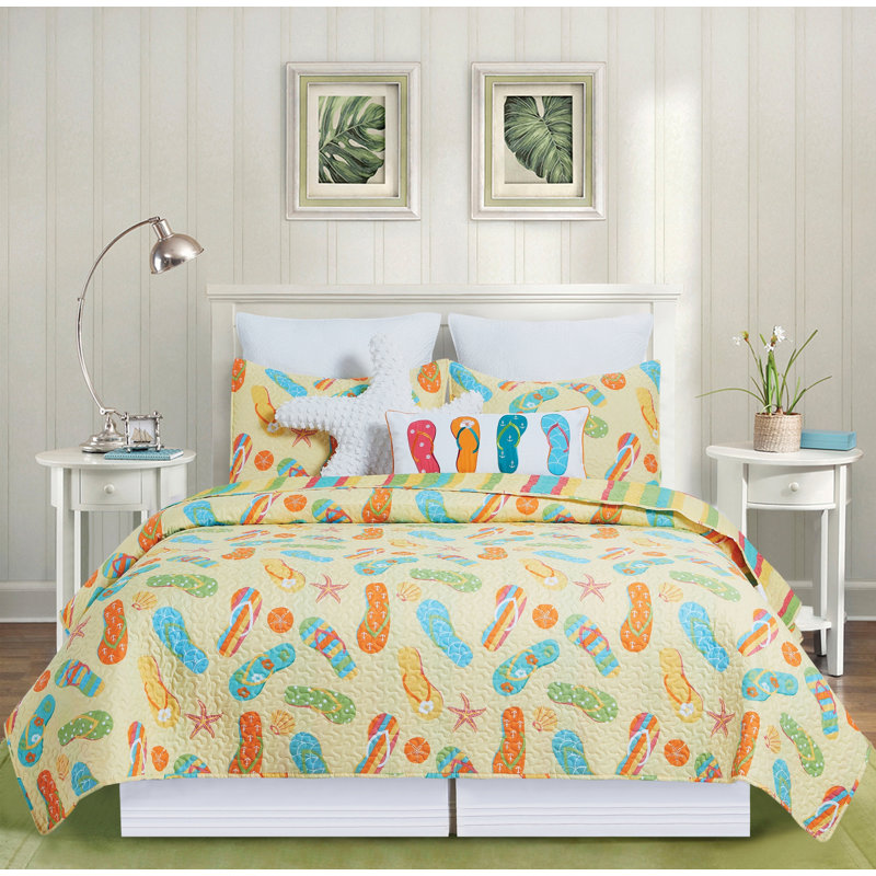 Sunny Splash Cotton Reversible Quilt Set, Twin Quilt + 1 Sham