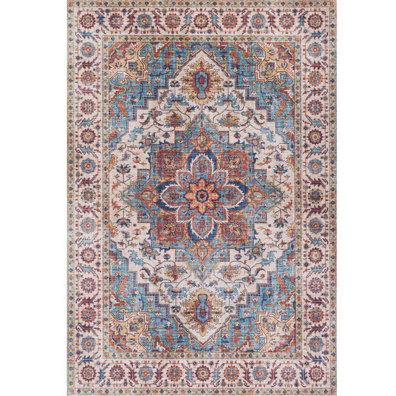 Tapis d'intérieur lavable en machine Boho, médaillon persan multicolore, 5 pi x 7 pi