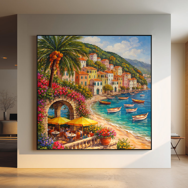 Impression d'art mural extra large - Village côtier méditerranéen avec palmier et bateaux pour la salle à manger - «Assemblage requis du cadre (cadre non fini)»