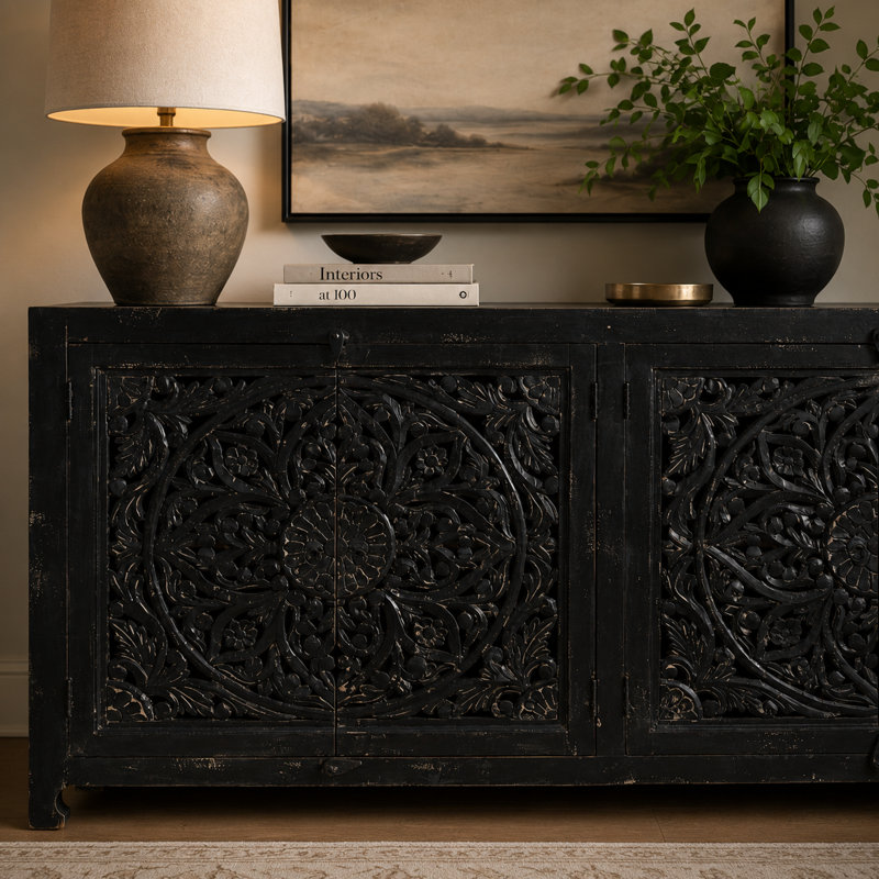Hawk Black Hand carved 4 Door Sideboard- 75"