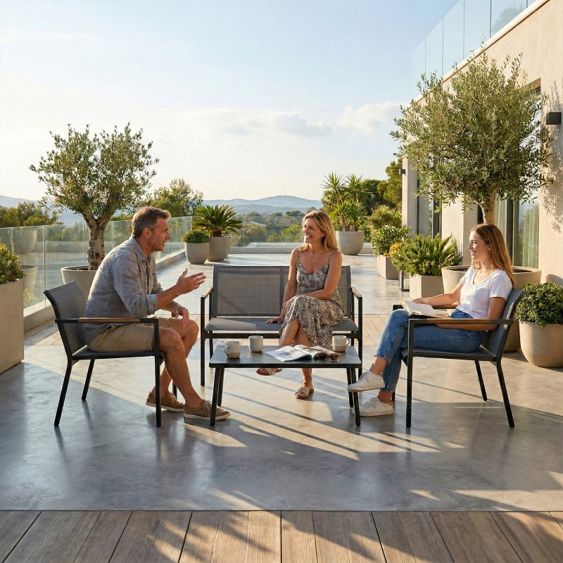 4 Seater Grey Metal Garden Sofa Set with Loveseat, 2 Armchairs, Breathable Mesh Seats and Coffee Table