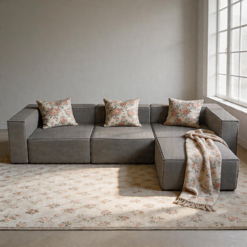 108" Luxury Corduroy Large Compression Module Couch Sofa With Ottoman For Living Room, Gray