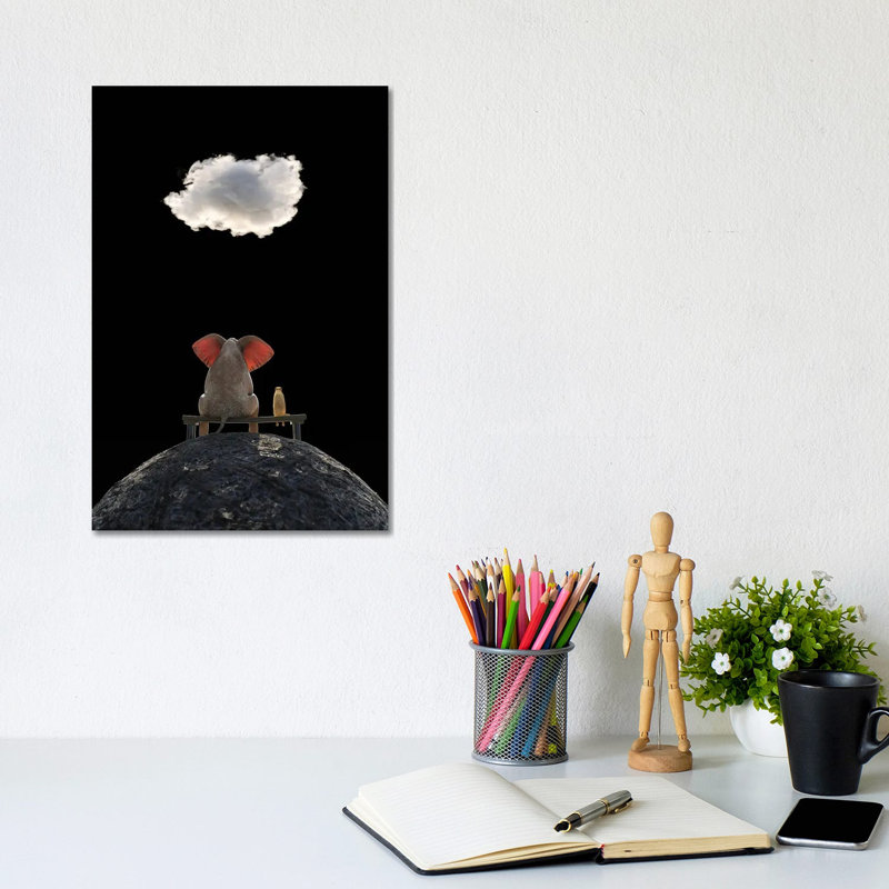 Elephant And Dog Sit On The Mountain And Look At The Cloud by Mike Kiev - Wrapped Canvas Painting, 20.32 cm H x 30.48 cm W