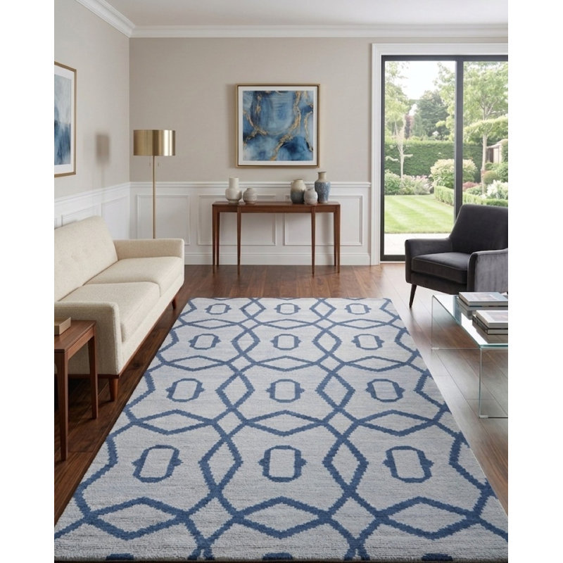 Tapis intérieur géométrique en laine bleu clair noué à la main, Rectangulaire 8 pi x 10 pi