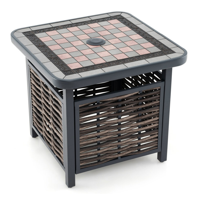 21.5 Inches Outdoor PE Rattan Side Table Square End Table with Umbrella Hole