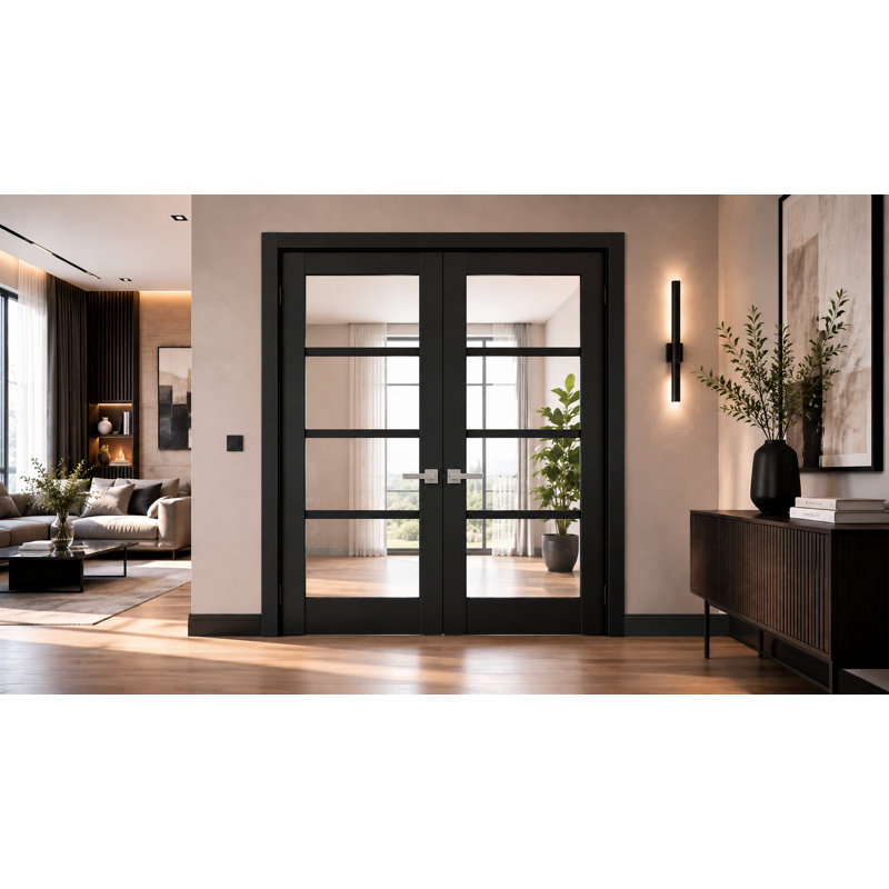 Portes doubles françaises massives Quadro 4522 Noir mat avec vitrage clair, cadre en bois massif, portes robustes pour placard ou chambre à coucher, 56 x 80 (2 x 28 x 80)
