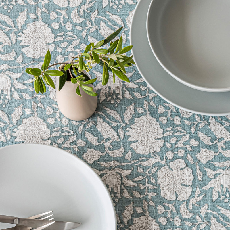 over&back Hand-Blocked Printed Cotton Table Runner, 18" W x 90" L, Blue Floral