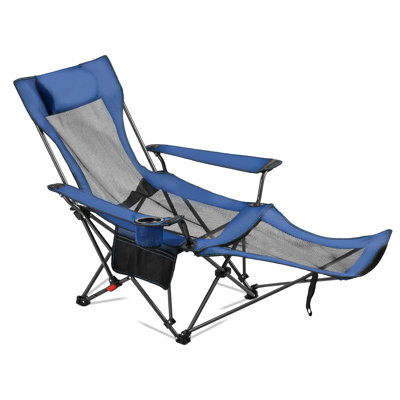 Fauteuil de camping inclinable, 4 positions réglables, supporte jusqu'à 100 kg, chaise longue pliante et portable pour adultes, chaise de plage en maille avec appui-tête et repose-pieds, chaise de camping robuste pour terrasse, bleu