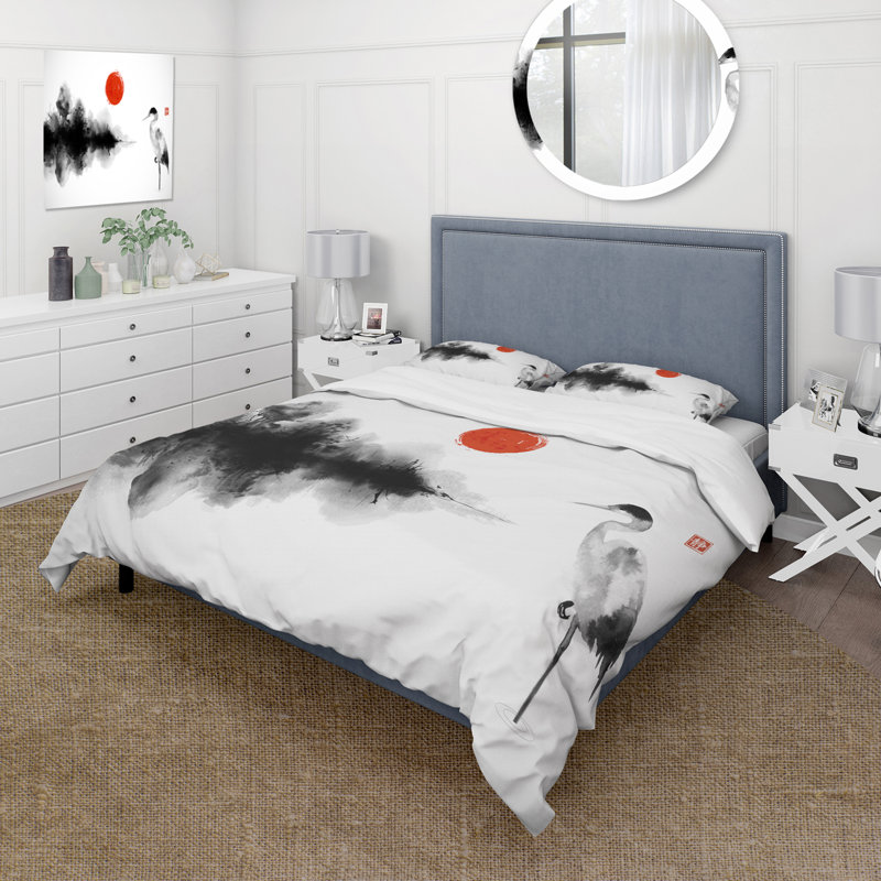 Ensemble de housse de couette en polyester traditionnel japonais sur une île brumeuse avec des arbres en forêt