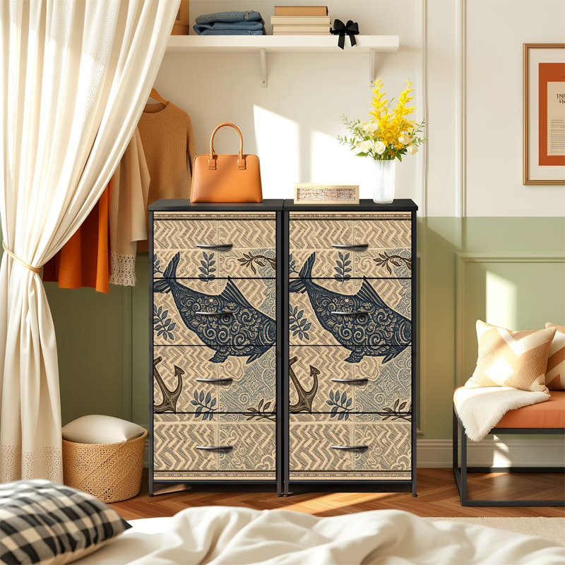 Commode rustique pour la chambre à coucher avec 4 tiroirs de rangement Commode géométrique à ancres de poissons de plage rétro