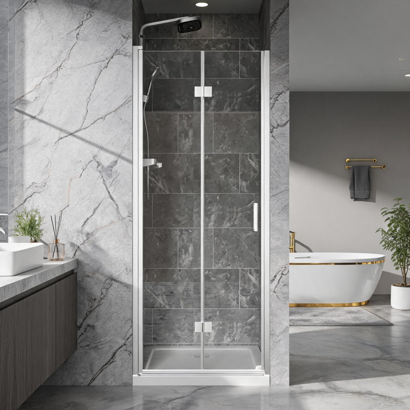 30 inch Chrome Clear Tempered Glass Frameless Bi-Fold Pivot Shower Door with Reversible Installation