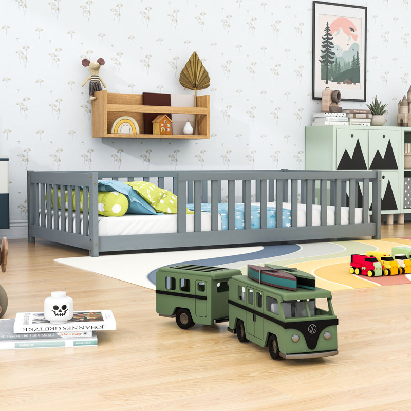 Lit simple en bois avec garde-corps de sécurité, Gris