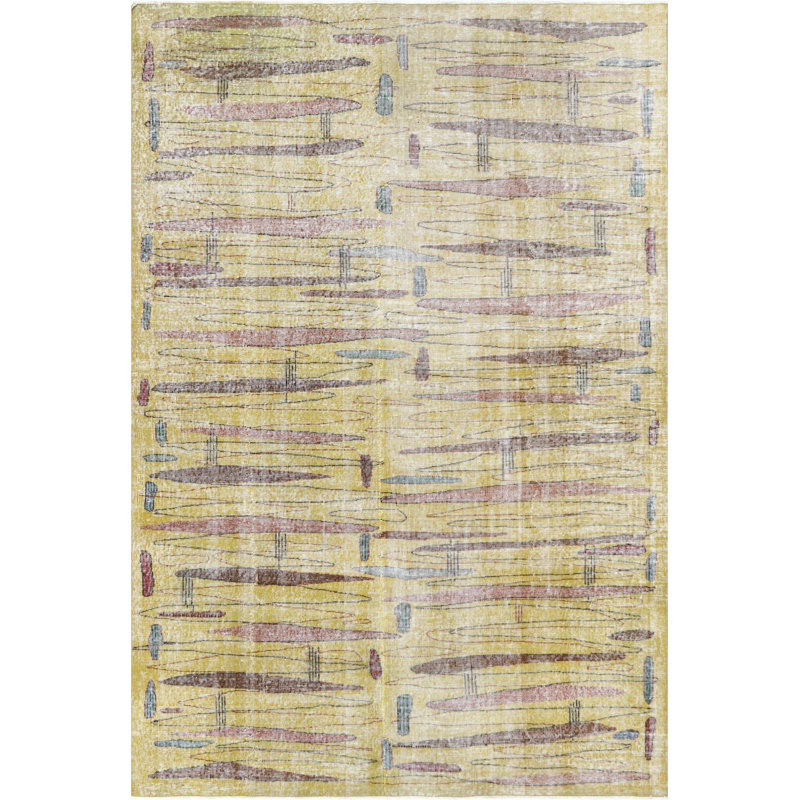 Tapis unique en laine noué à la main de style années 1960 de 6 pi 9 po x 10 pi jaune / brun / vin