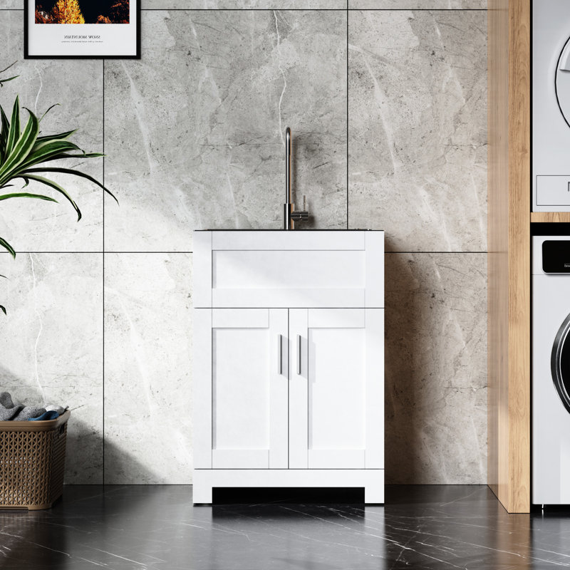 Armoire à linge blanche 24 po avec évier et robinet en acier inoxydable