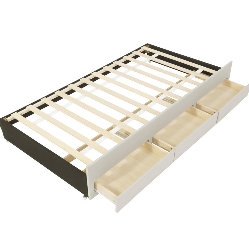 Lit plateforme simple tapissier avec lit gigogne et 3 tiroirs en tissu de lin beige Loveliness