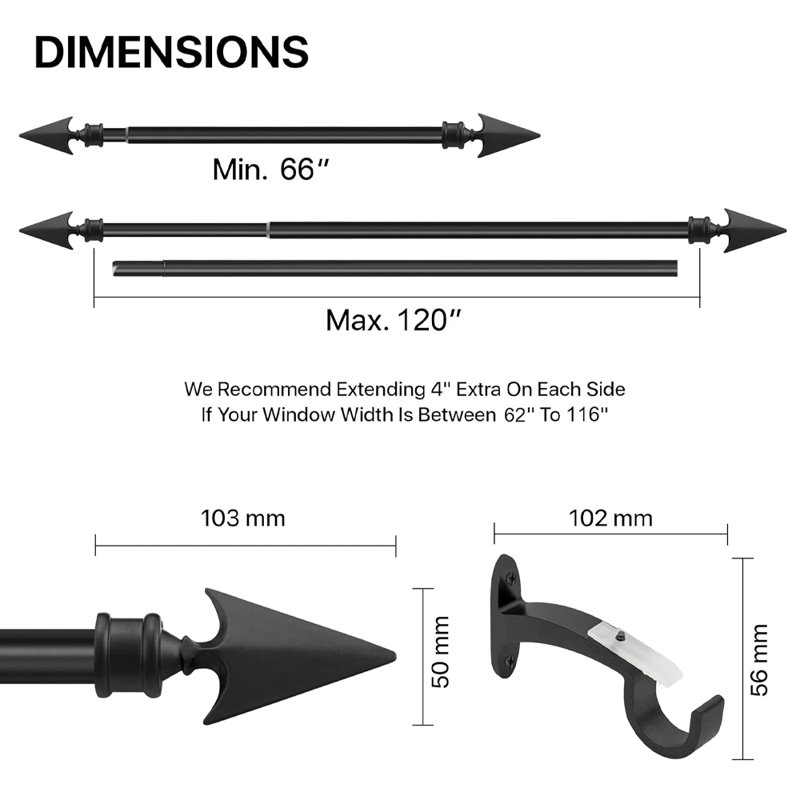 Deco WIndow Curtain Rods for Windows, 66" - 120" Extendable Metal Drapery Rod, Adjustable Curtain Rod with Decorative Arrow Finials for Living Room Bedroom, Black Matt