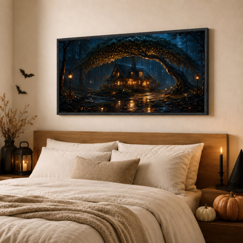 Cabane illuminée sous un arbre voûté dans la forêt - Toile murale d'Halloween, 58“W x 28”H