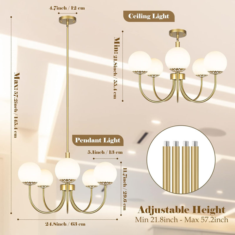 Lustre moderne Spoutnik 5 lumières avec globes en verre givré, plafonnier réglable semi-encastré pour la salle à manger, la cuisine, le salon et la chambre à coucher