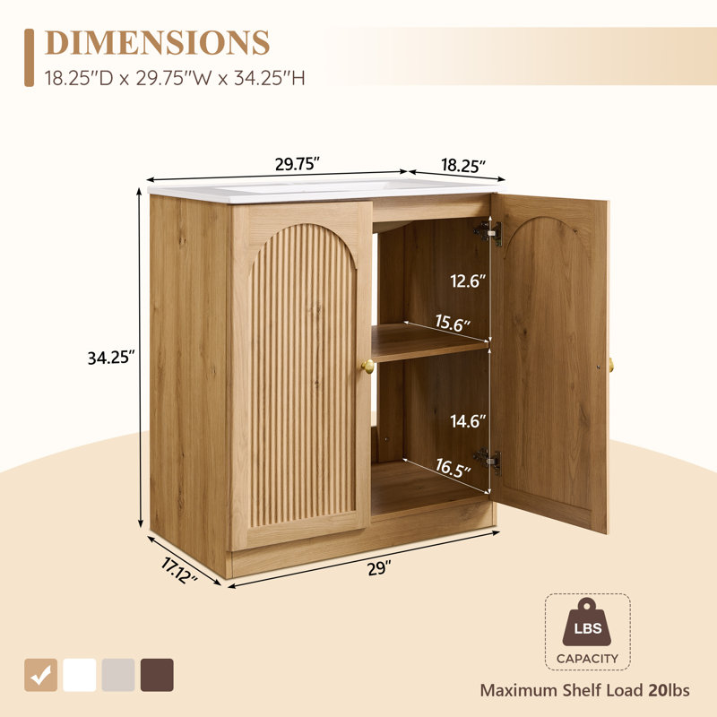 Meuble-lavabo arqué 30 po avec lavabo et plateau en céramique Ahart, Naturel