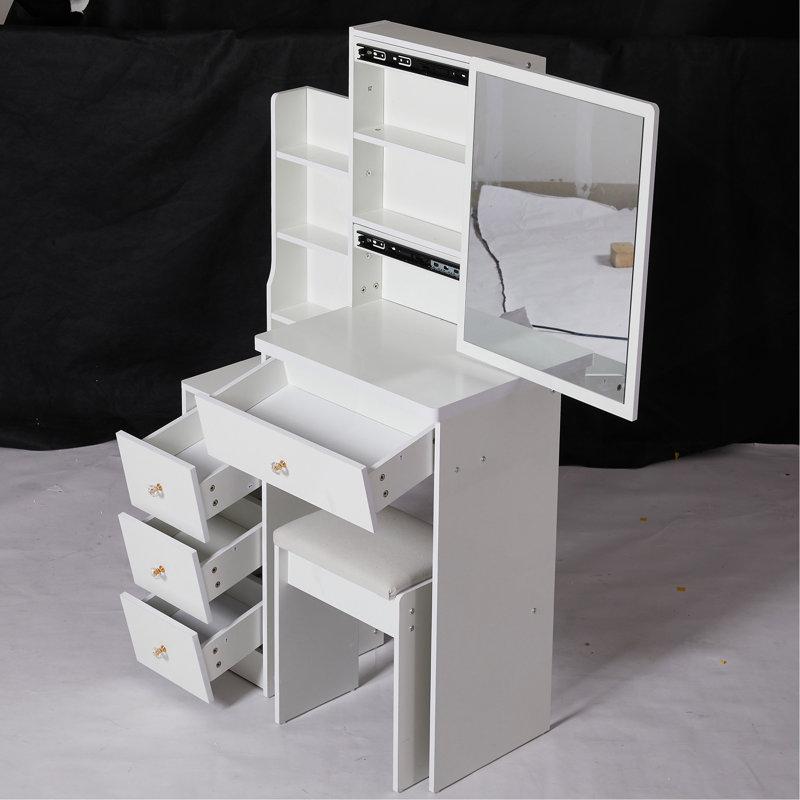 Table de coiffeuse 29,2 po avec petit tabouret, tabouret rembourré, rangement multi-couches grande capacité, commode pratique