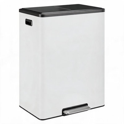 Poubelle de cuisine moderne à double compartiment 2 x 8 gallons (30 L + 30 L), poubelle en acier inoxydable avec couvercle, pédale à fermeture en douceur, 2 seaux intérieurs amovibles, résistant aux empreintes digitales, idéal pour la maison, blanc