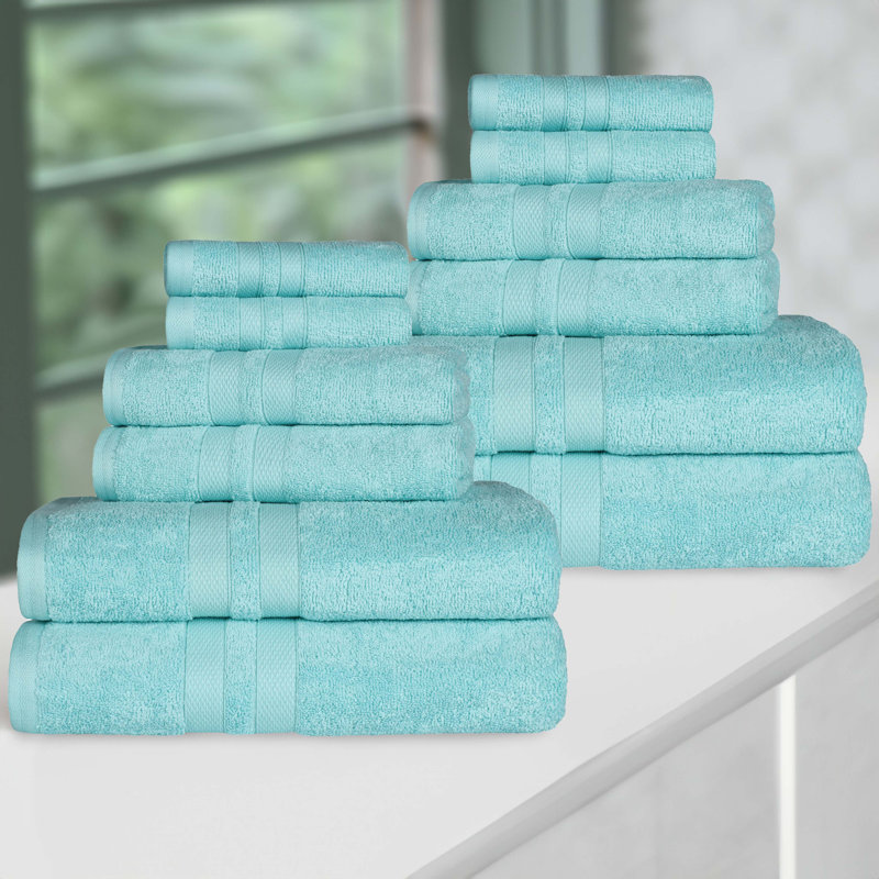 Ultra-Soft Cotton Solid Double Line Dobby Border Quick-Drying 12 Piece Assorted Towel Set, Cyan