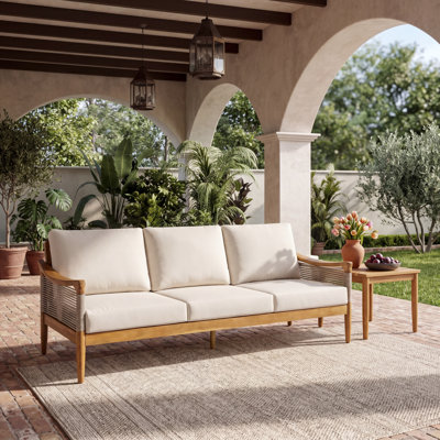 Leonel Modern Coastal Outdoor Acacia Wood 3-Seater Sofa with Woven Rope Arms & Deep Cushions