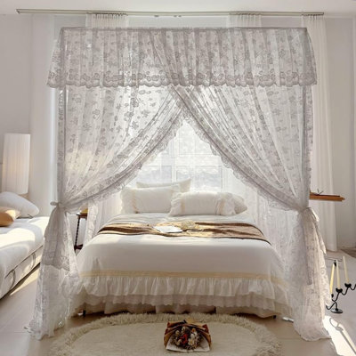 Élégante dentelle princesse 4 coins avec moustiquaire romantique pour les filles, lit à baldaquin pour adultes, chambre de mariage, décoration de chambre d'enfant, blanc2, double