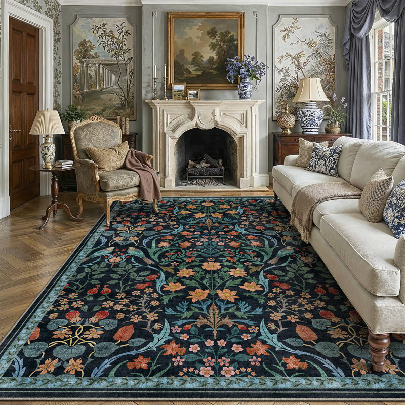 Tapis floral lavable en machine avec envers antidérapant Guston, Blue, 0.35", Rectangle 9 pi x 12 pi