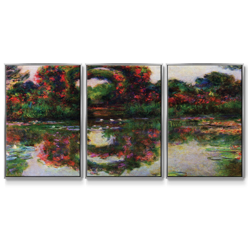 Monet - 3 pièces, reproduction encadrée sur toile, H 24 po x l 48 po x P 2 po, Encadrement argenté