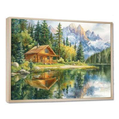 Mountain Cabin Wall Art, Lakeside Landscape Canvas, Ghoweri