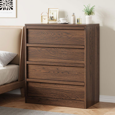 4 Drawers Nightstand for Bedroom, Wooden Small Bedside Table Cabinet with Large Storage & Anti-Tip Device, Walnut