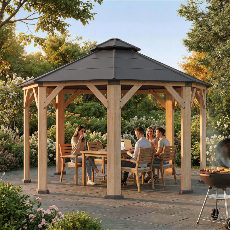 13 Ft. x 13 Ft. Premium Cedar Wood Octagonal Hardtop Gazebo with Galvanized Steel Double Roof, Outdoor Patio Gazebo for Backyard & Garden