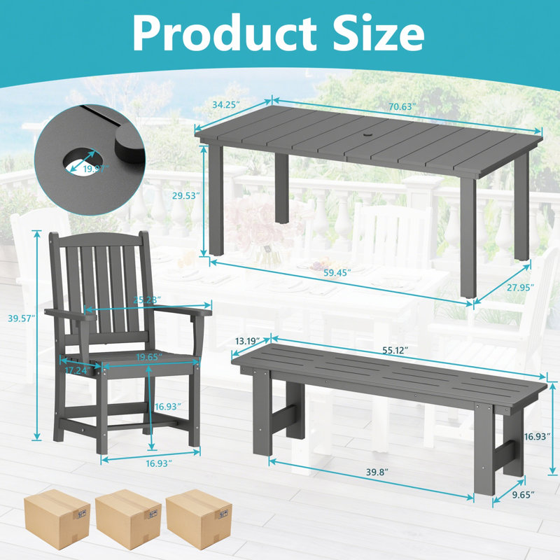 Ensemble de salle à manger 6 pièces avec table de patio 70,6 po HDPE, 6 pièces: table, 4 chaises, banc, Gris