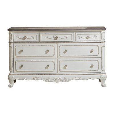 Victorian Style Antique White And Oak Finish Dresser With 7-Drawer Storage 1Pc Carving Design Classic Traditional Bedroom Furniture