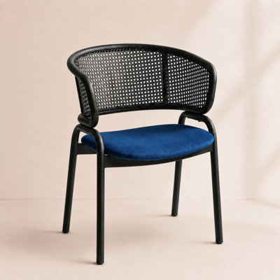 Chaise de salle à manger moderne à dossier canne Daishun, fauteuil incurvé en rotin en forme de U, siège d'appoint rembourré avec pieds en métal noir