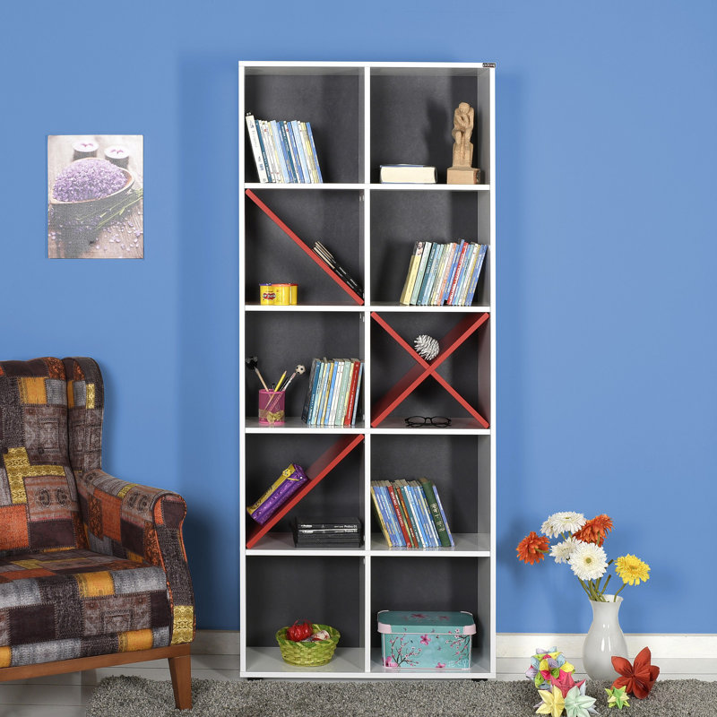 Bibliothèque moderne géométrique 29,5 po x 74,0 po x 11,8 po | Panneau de particules enduit 100% mélamine, nombreuses tablettes, conception murale | Solution de rangement élégante pour la maison et le bureau