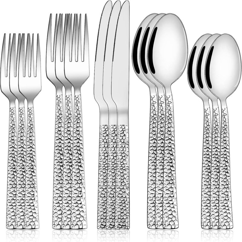 12 Person Cutlery Set, 60 Piece Stainless Steel Cutlery Set, Hammered Cutlery Set
