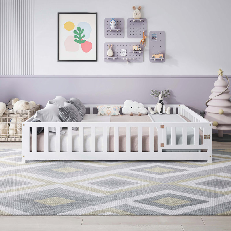 Full Size Floor Platform Bed with Fence and Door for Kids, Montessori Floor Bed Frame with Support Slats for Toddlers, Wooden Floor Bed Natural