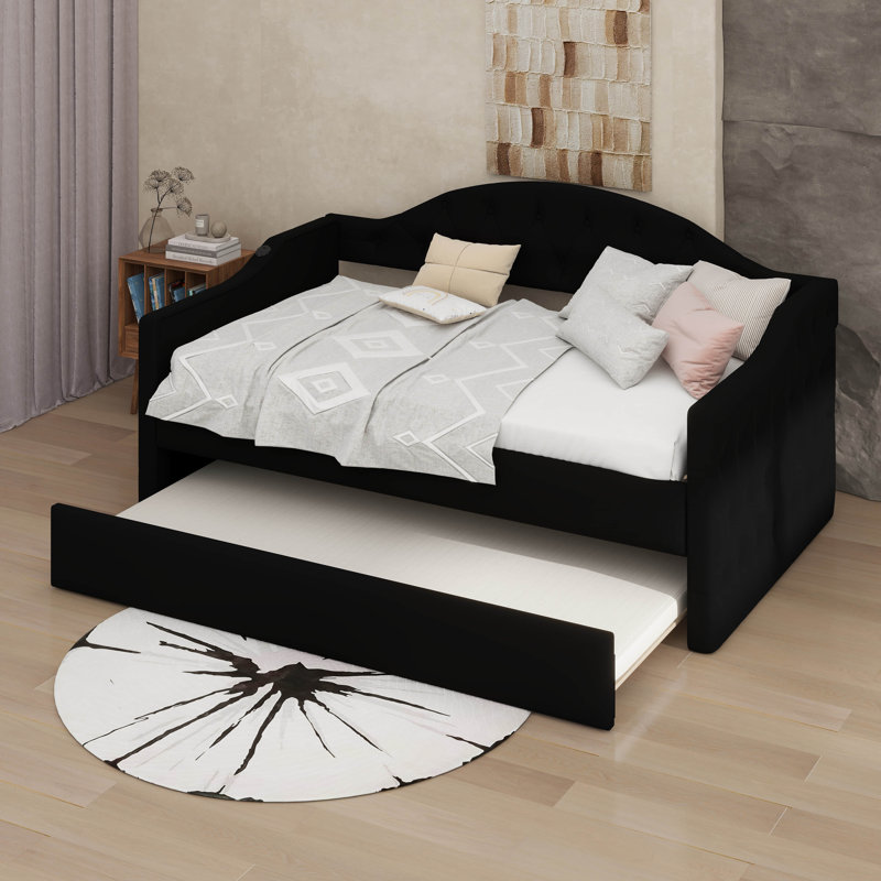 Lit de jour rembourré capitonné de luxe avec couchette et ports USB et Type-C de luxe, Black