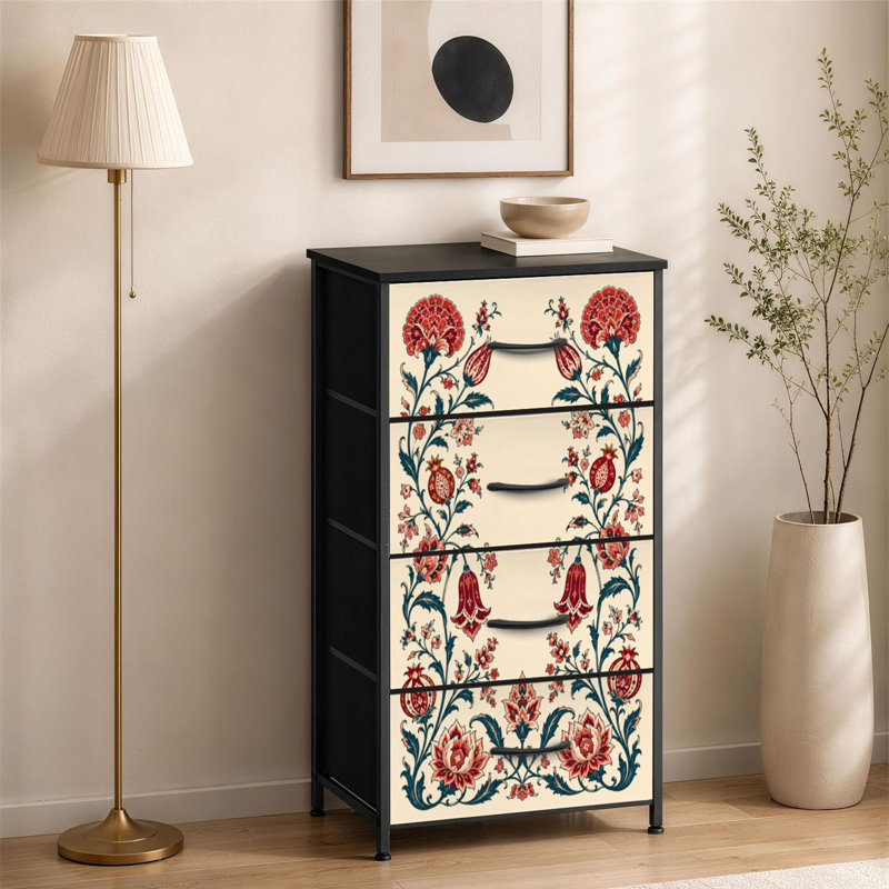 Commode à 4 tiroirs pour la décoration de branches de chambre à coucher avec art floral rétro Petite commode à vêtements pour commodes