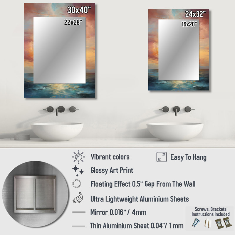 Ocean Sunset Celestial Symphony - Sunset Mirror, Traditional Decorative Wall Mirror, Printed Metal Art, 40" x 30"