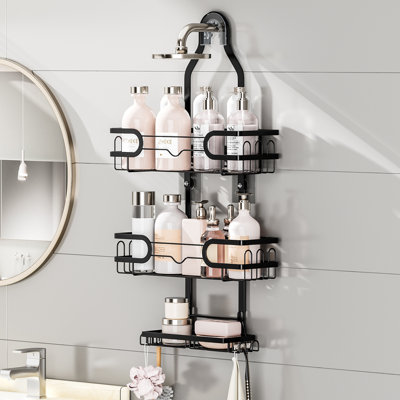 KD Rust-Resistant Steel Shower Caddy For Shower Heads - Hanging Shower Caddy Organizer With 3 Shelves, Overhead Shower Caddy For Bathroom & Home, 2 Soap Holders And Adhesives, Black
