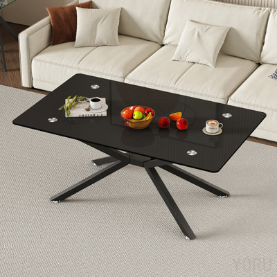 Table basse rectangulaire en verre noir de 39,37 po, conception élégante avec pieds en métal noir