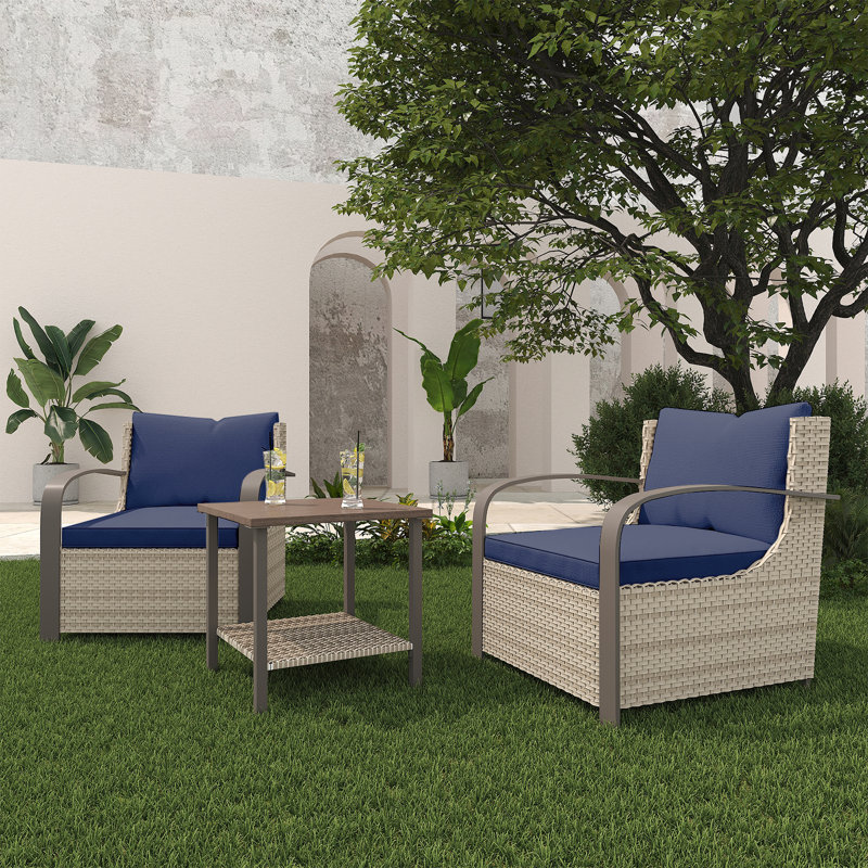 Ensemble de conversation 3 pièces à haut dossier pour l'extérieur, chaises en osier avec coussin moelleux et table d'appoint pour la cour, la piscine, le jardin et le patio