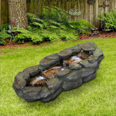 Fontaines | Fontaine d'extérieur moderne compacte H 9,4 po pour balcon de jardin avec lumières DEL intégrées | Résine | Fontaine à cascade à plusieurs niveaux