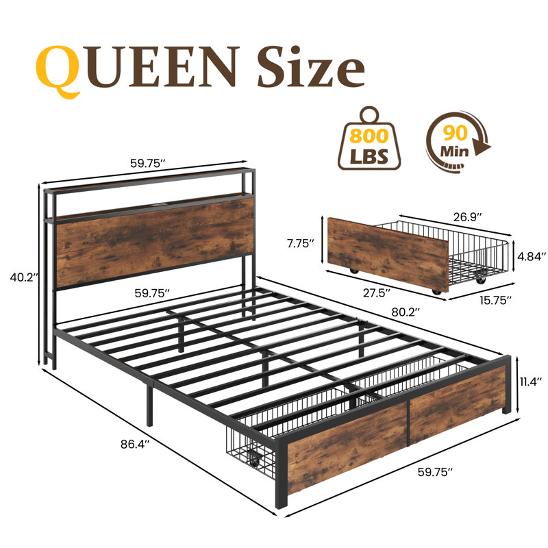 Queen Bed Frame with Storage Drawers , Metal Bed Frame with 2-Tier Storage Headboard & Built-in Charging Station & LED, Noise-Free, No Box Spring Needed, Easy Assembly, Retro Brown