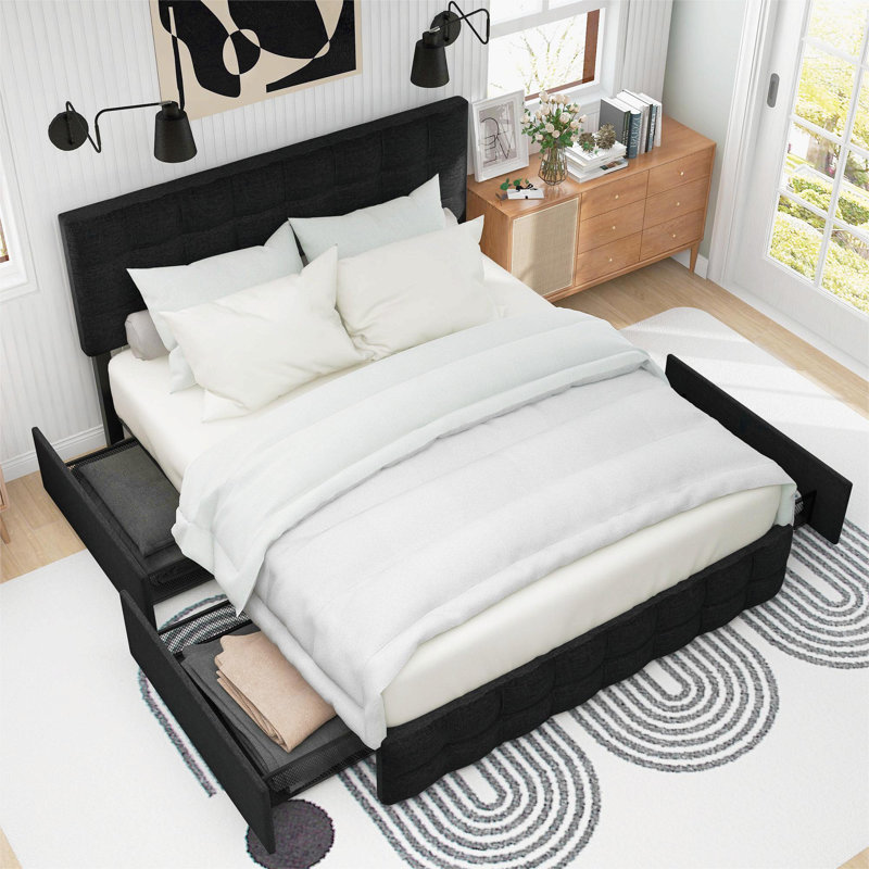 Gilud Upholstered Double Bed with 4 Drawers & Spring Mattress, with Metal Slatted Frame, Height-Adjustable Headboard & Square Knit Design, Linen Material (140*200 cm, Black)