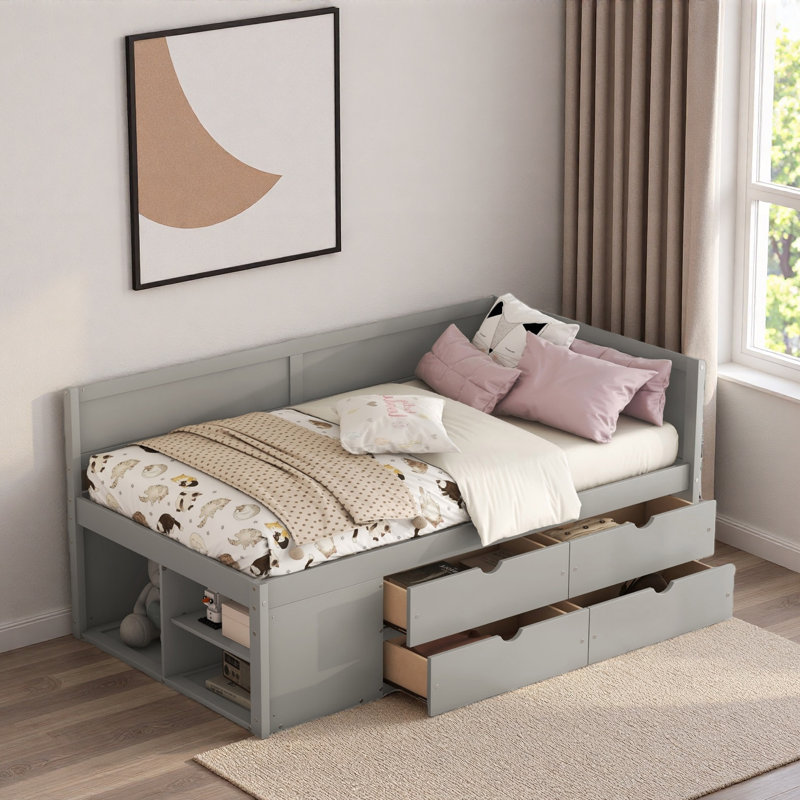 Lit de jour avec tiroirs et tablettes, Gris, Lit simple