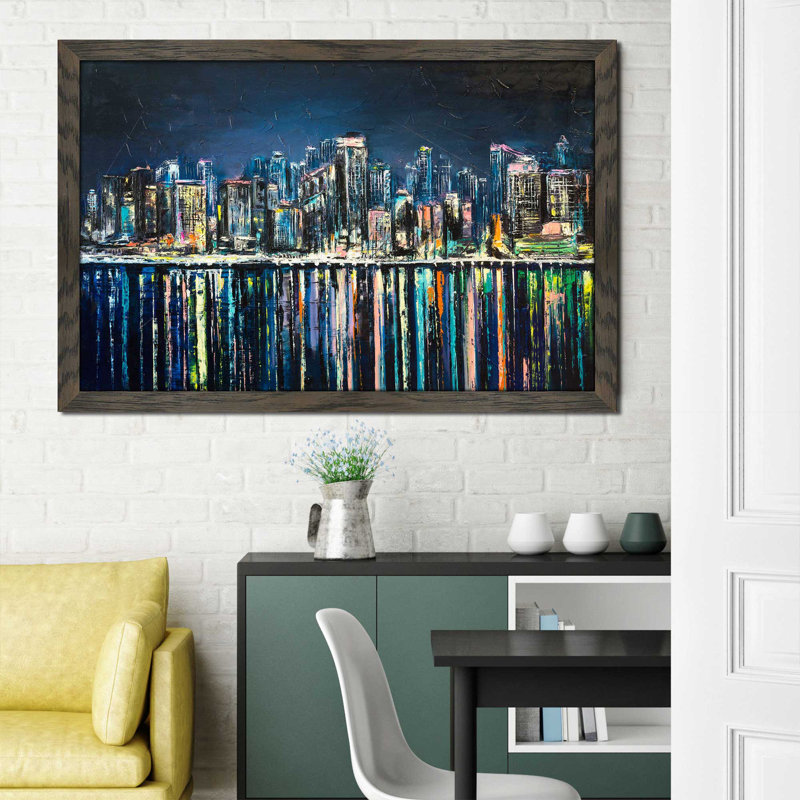 «Night Magic City», reproduction encadrée, H 21,5 po x l 27,5 po x P 0,75 po, Cadre chocolat patiné